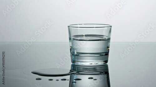 Empty glass with a few drops of water left at the bottom, positioned on a reflective surface. photo