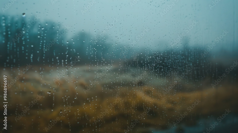 Foggy glass window with condensation droplets and a soft-focus landscape beyond Foggy glass window with condensation droplets and a soft-focus landscape beyond