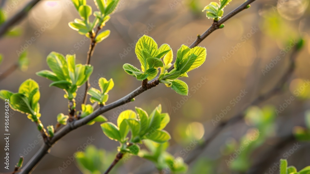 Fresh green leaves sprouting on trees and bushes, signaling the arrival of spring. Fresh green leaves sprouting on trees and bushes, signaling the arrival of spring.
