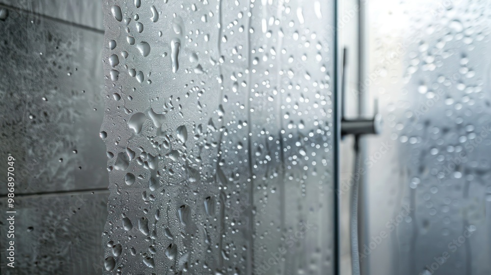 Frosted glass shower door in a modern bathroom, with water droplets visible Frosted glass shower door in a modern bathroom, with water droplets visible