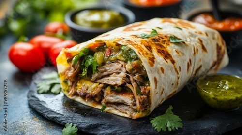 A beautifully plated carnitas burrito smothered in hot green chile, showcasing vibrant colors and appetizing textures. The image captures the essence of flavorful Mexican cuisine