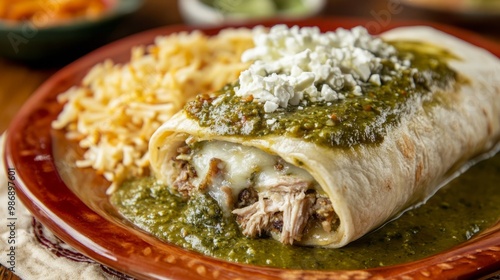 A beautifully plated carnitas burrito smothered in hot green chile, showcasing vibrant colors and appetizing textures. The image captures the essence of flavorful Mexican cuisine