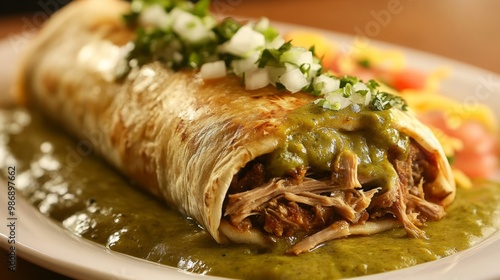 Wallpaper Mural A beautifully plated carnitas burrito smothered in hot green chile, showcasing vibrant colors and appetizing textures. The image captures the essence of flavorful Mexican cuisine Torontodigital.ca