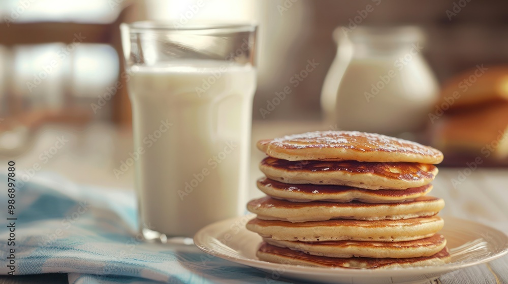 Glass of milk with a stack of pancakes in the background, ready for breakfast Glass of milk with a stack of pancakes in the background, ready for breakfast