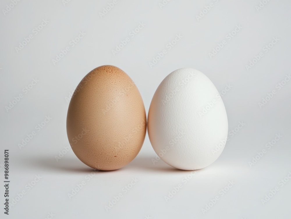 Two chicken eggs side by side on white surface, Two chicken eggs side by side on white surface,