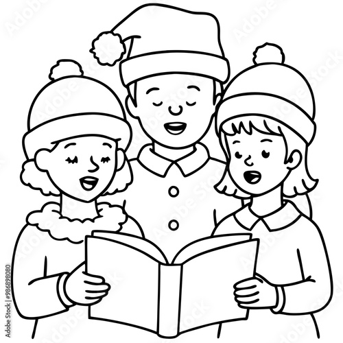 Christmas Carolers: Line art illustration of three carolers singing from a book, adorned in winter hats and clothing. They are joyfully singing carols, capturing the spirit of the season.  