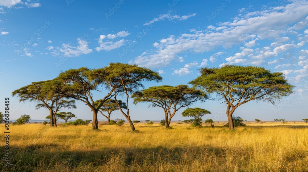 Iconic acacia trees standing tall in the savanna, with their distinctive umbrella-shaped canopies. Iconic acacia trees standing tall in the savanna, with their distinctive umbrella-shaped canopies.