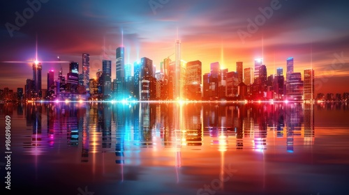 A vibrant city skyline reflects in water, illuminated by colorful lights during sunset, creating a stunning visual spectacle. photo