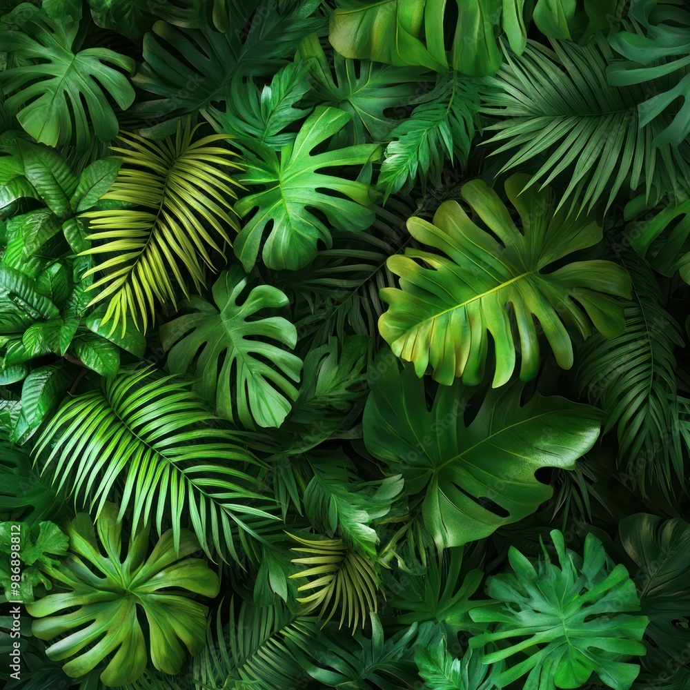 Lush, green tropical foliage with a variety of plants and palm leaves, creating a dense and vibrant jungle scene. Lush, green tropical foliage with a variety of plants and palm leaves, creating a dense and vibrant jungle scene.