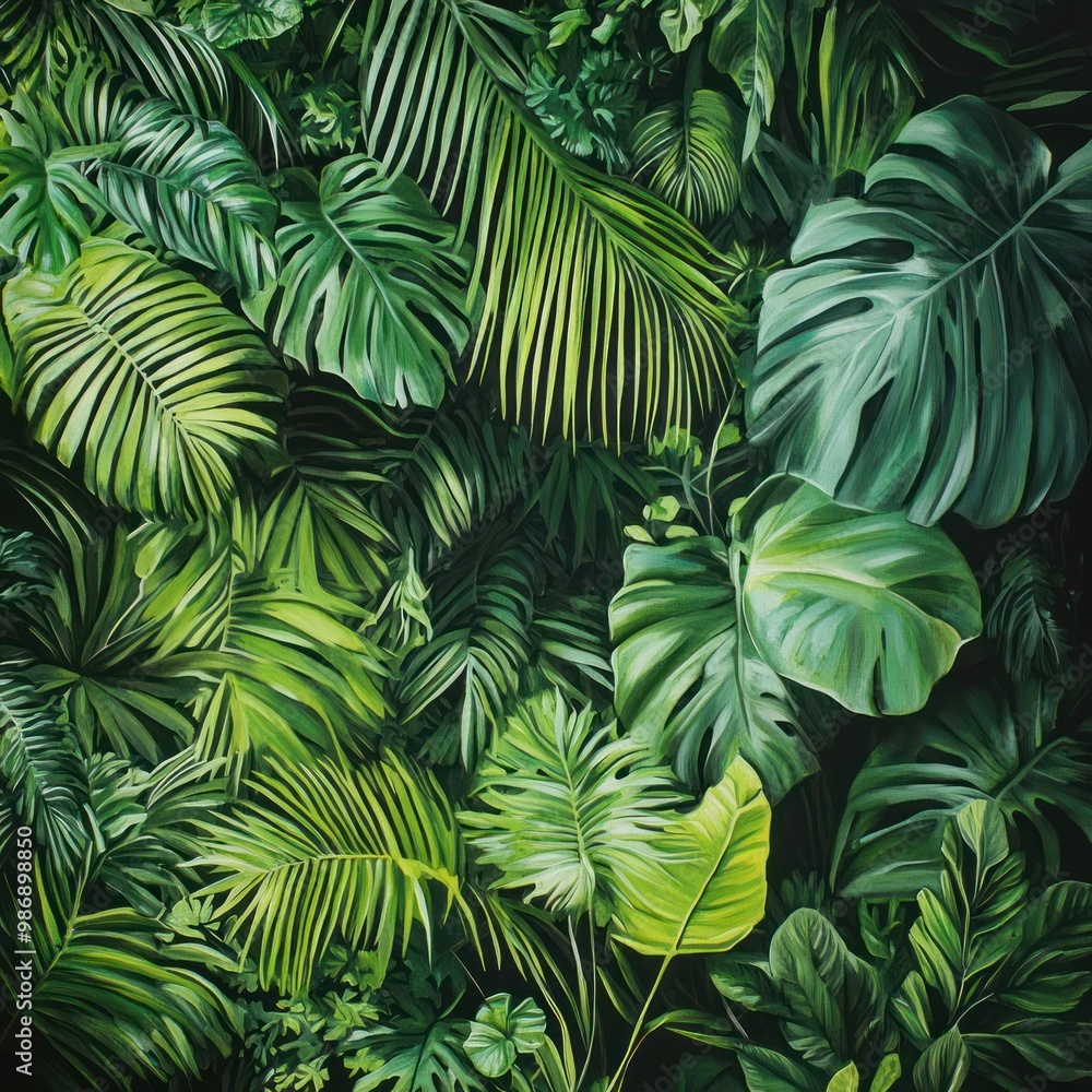 Lush, green tropical foliage with a variety of plants and palm leaves, creating a dense and vibrant jungle scene. Lush, green tropical foliage with a variety of plants and palm leaves, creating a dense and vibrant jungle scene.