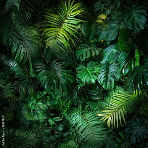 Lush, green tropical foliage with a variety of plants and palm leaves, creating a dense and vibrant jungle scene.