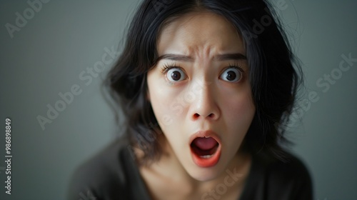 Close-up beautiful young Asian woman's shocked face and wide eyes Female portrait with scared or surprised facial expression Motivational reaction Copy space Isolated Japanese Chinese or Korean lady 