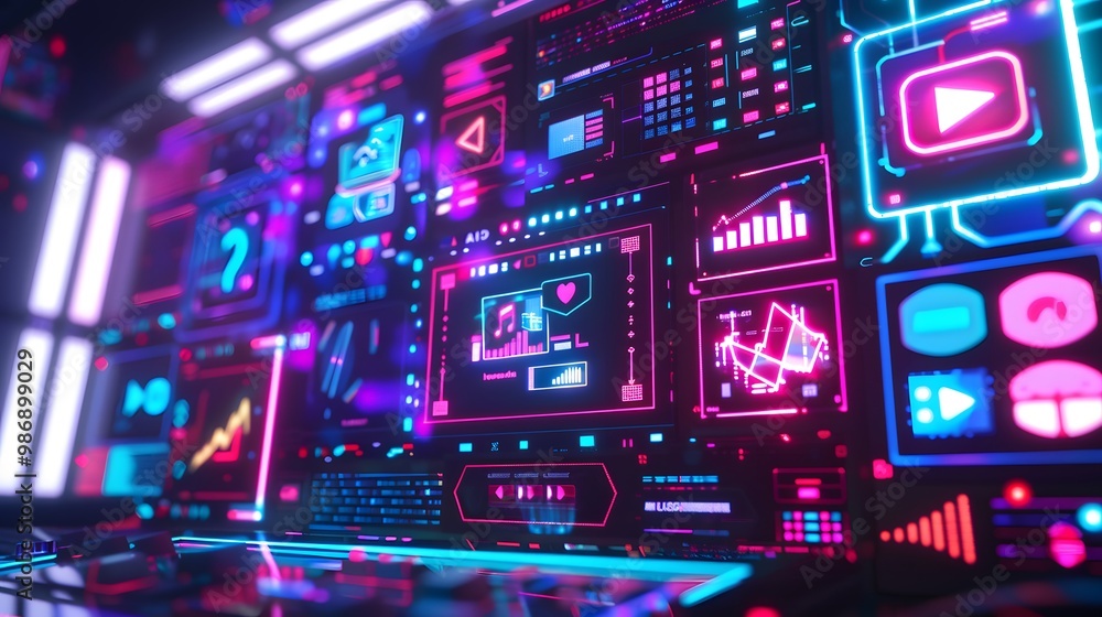 Digital workspace showcasing the concept of digital content, social network services, streaming video, and NFTs. Digital workspace showcasing the concept of digital content, social network services, streaming video, and NFTs.