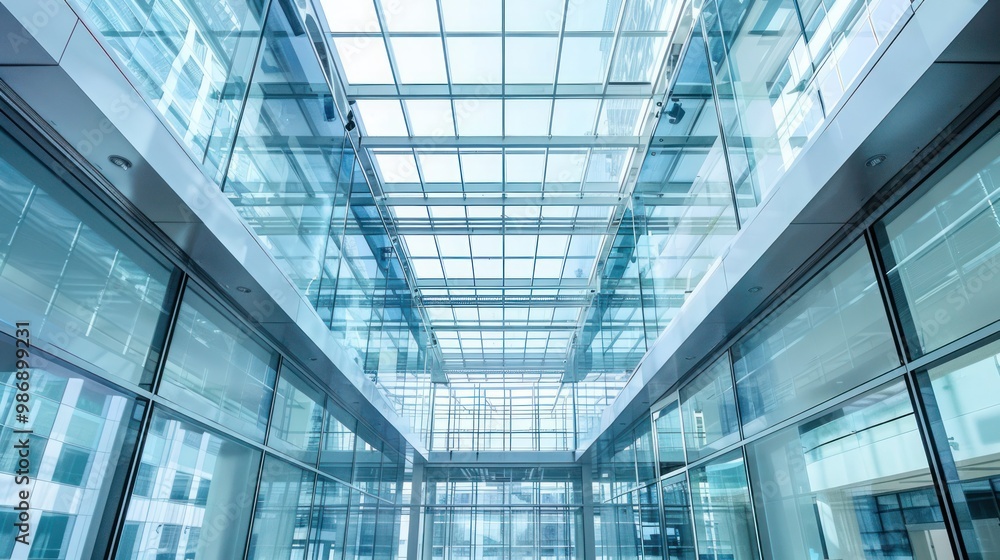 Modern glass ceiling in a corporate atrium, allowing natural light to flood the space. Modern glass ceiling in a corporate atrium, allowing natural light to flood the space.