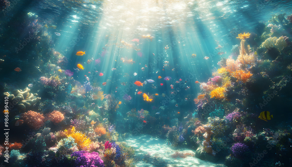 A dreamy underwater scene with schools of colorful fish, corals, and rays of sunlight penetrating through the water’s surface A dreamy underwater scene with schools of colorful fish, corals, and rays of sunlight penetrating through the water’s surface