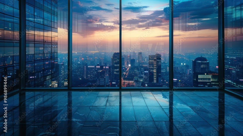 Fototapeta premium Panoramic view through a large glass window overlooking a city skyline at dusk