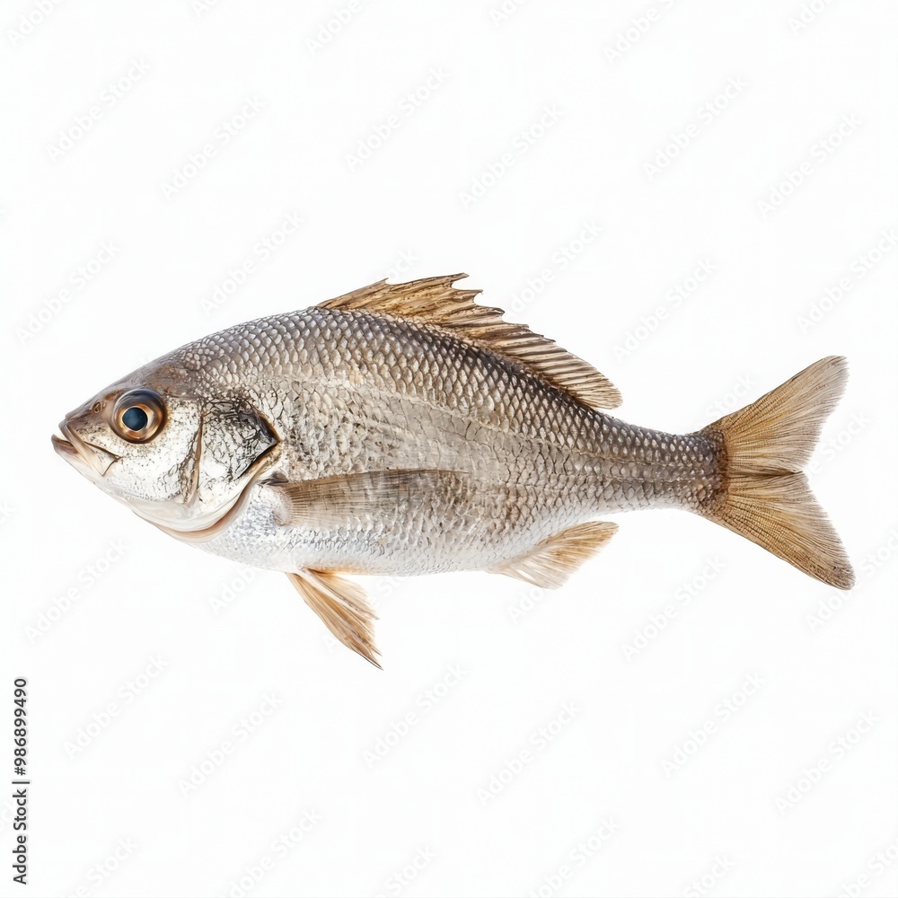 Single sea fish, isolate on white, fins and scales visible Single sea fish, isolate on white, fins and scales visible