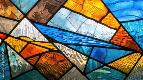 Modern stained glass art piece with a blend of textures and contemporary patterns