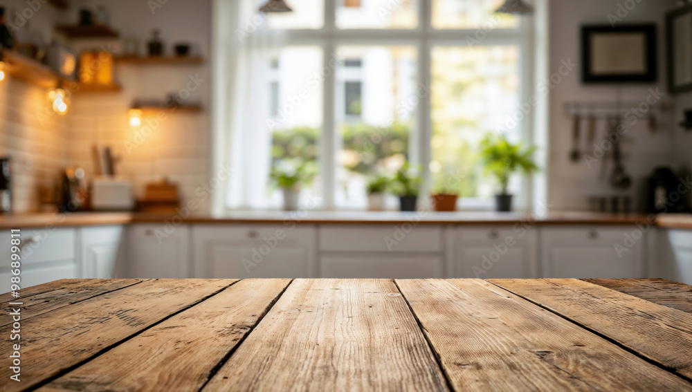 Empty rustic wooden table in a modern kitchen Empty rustic wooden table in a modern kitchen