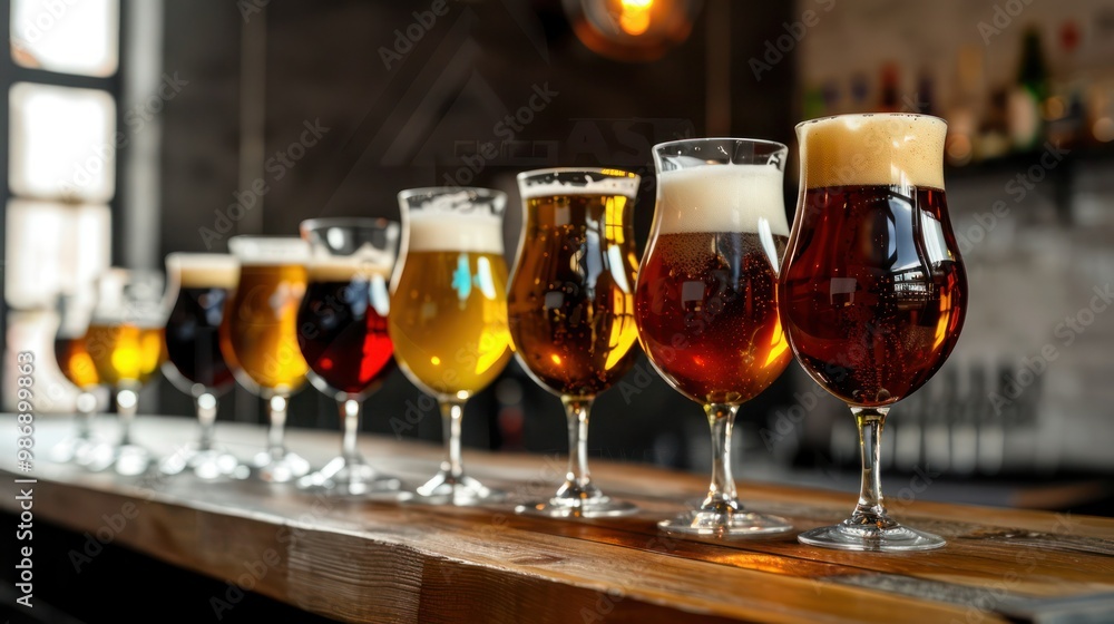 Set of beer glasses on a bar counter, with different types of beer in each glass Set of beer glasses on a bar counter, with different types of beer in each glass