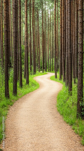 A winding pathway surrounded by tall pine trees and lush greenery, inviting exploration and immersion in nature.