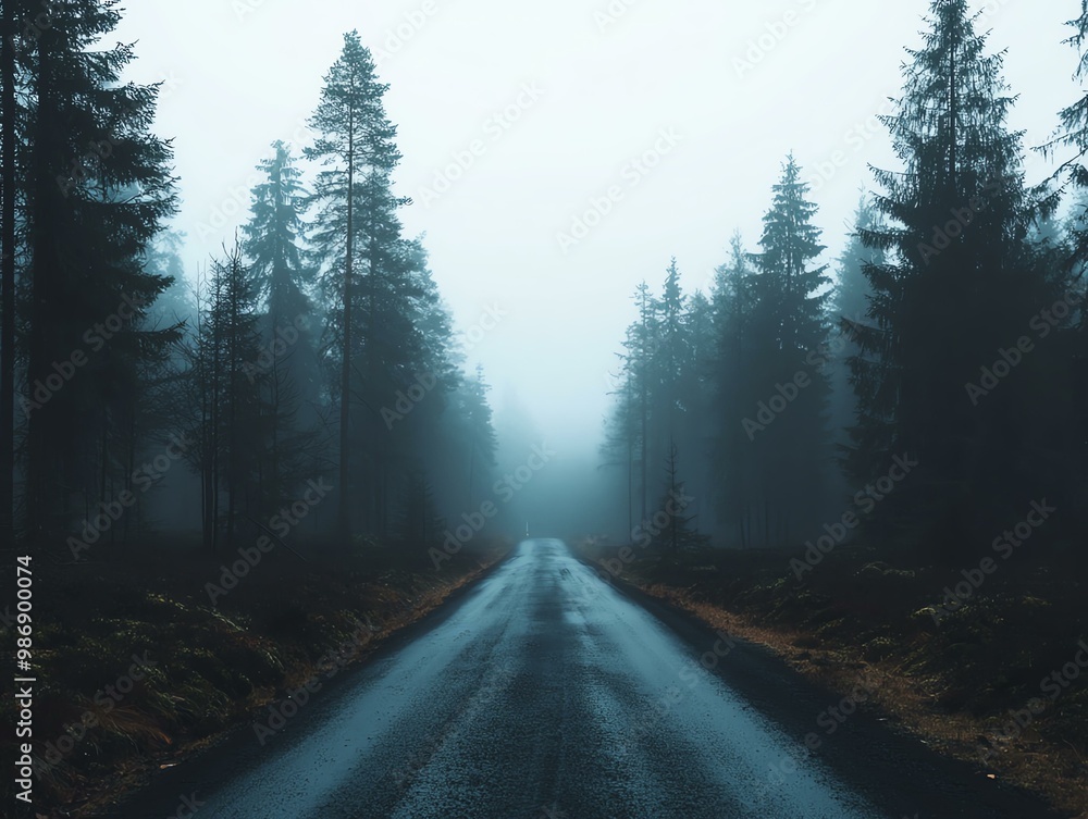 A misty road surrounded by tall trees, creating a serene and mysterious atmosphere in a forest setting. A misty road surrounded by tall trees, creating a serene and mysterious atmosphere in a forest setting.