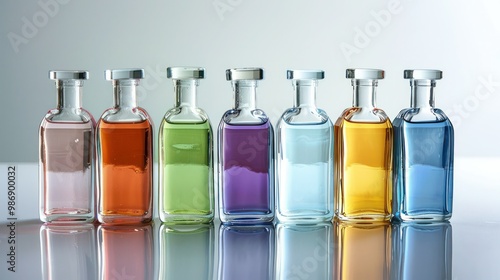 Set of glass bottles filled with liquids, reflecting light in a bright studio setting