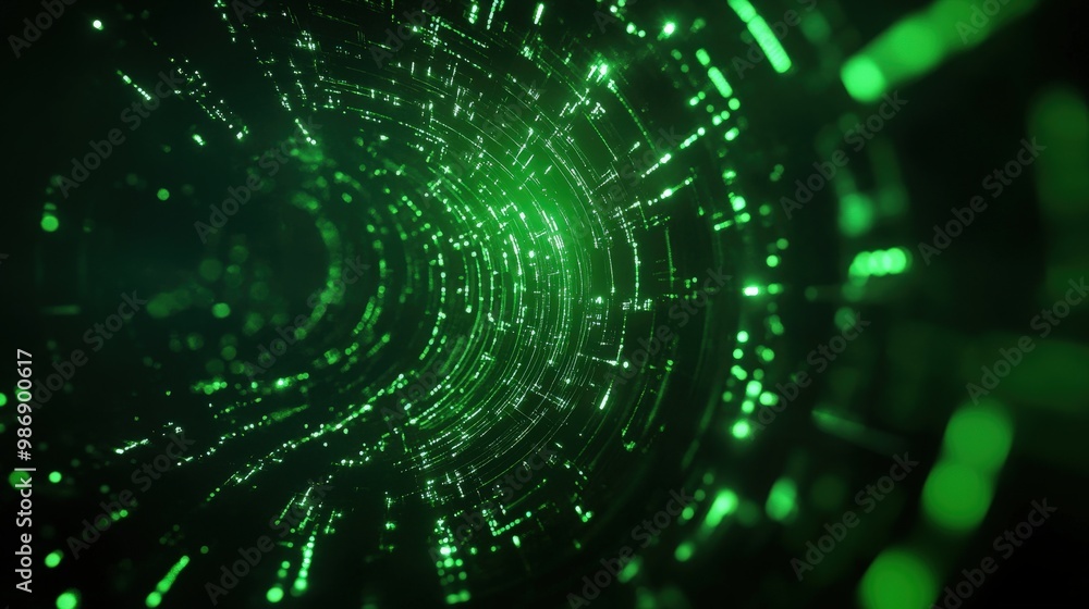 A mesmerizing tunnel of green lights creating an abstract digital landscape, perfect for technology and innovation themes. A mesmerizing tunnel of green lights creating an abstract digital landscape, perfect for technology and innovation themes.