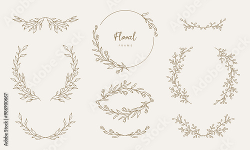 Hand drawn floral frames with flowers,  branch and leaves. Elegant logo template. Vector illustration for labels, 
branding business identity, wedding invitation