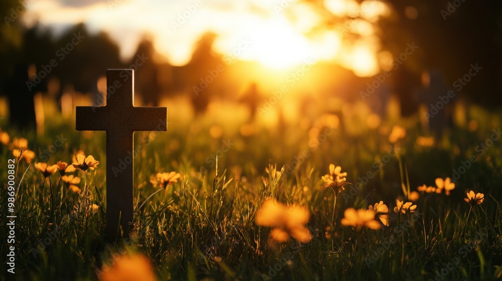 A serene sunset over a graveyard, featuring a wooden cross surrounded by blooming flowers, symbolizing peace and remembrance. A serene sunset over a graveyard, featuring a wooden cross surrounded by blooming flowers, symbolizing peace and remembrance.