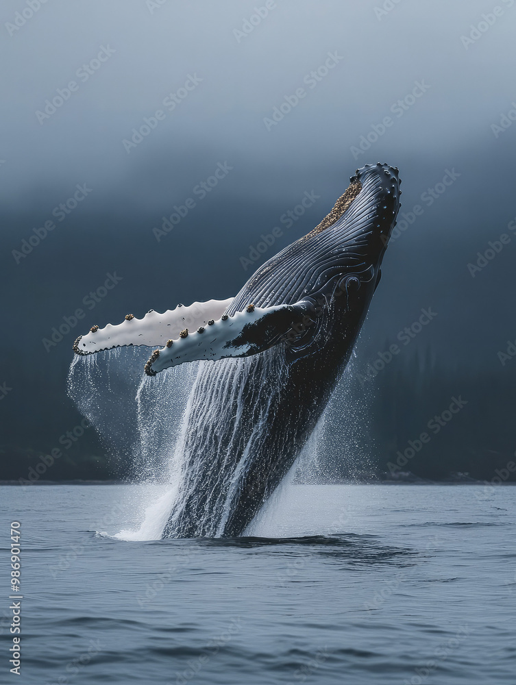 Fototapeta premium Humpback Whale Breaching Out of Water