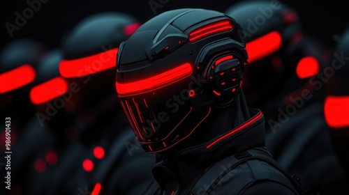 Futuristic soldiers in black suits with glowing red visors, creating a striking sci-fi atmosphere. photo