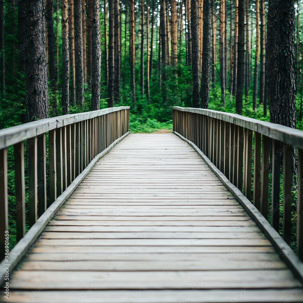 A wooden bridge leads through a lush forest, surrounded by tall trees and vibrant greenery, inviting exploration and tranquility. A wooden bridge leads through a lush forest, surrounded by tall trees and vibrant greenery, inviting exploration and tranquility.