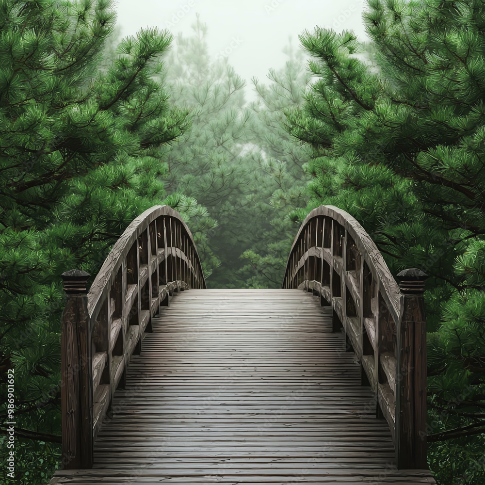 Fototapeta premium A serene wooden bridge arches gracefully over a tranquil scene, surrounded by lush green trees and a misty atmosphere.