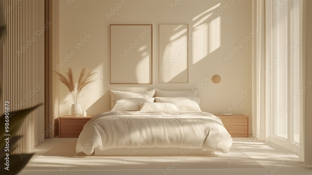 A stylish bedroom interior with a minimalist design.
A stylish bedroom interior with a minimalist design.
