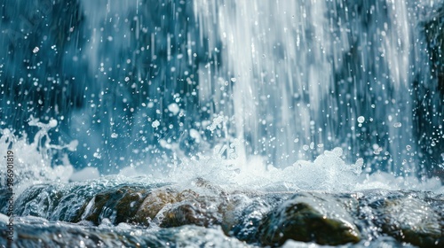 The base of a waterfall with water splashing and creating a dynamic and refreshing scene.
