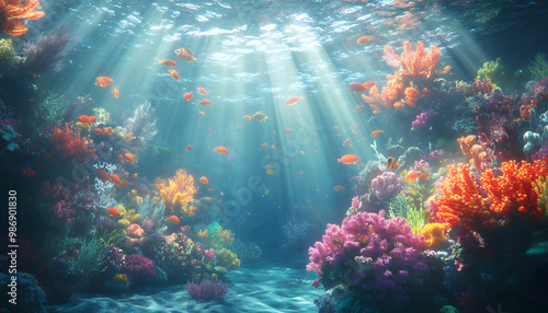 A dreamy underwater scene with schools of colorful fish, corals, and rays of sunlight penetrating through the water’s surface