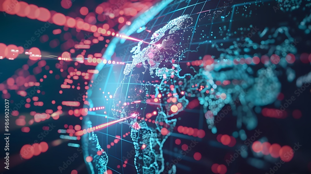 Digital world globe representing the concept of global network connectivity, high-speed data transfer, and cyber technology. Digital world globe representing the concept of global network connectivity, high-speed data transfer, and cyber technology.