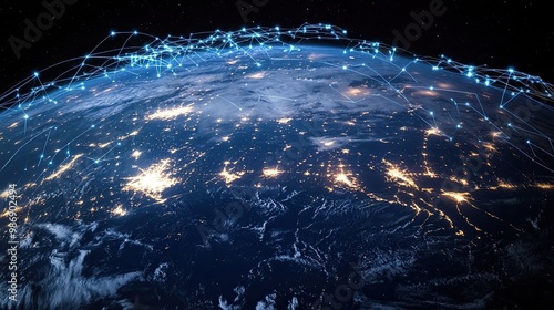 Flying over the Eartha??s surface with a global network overlay, representing digital communication and planetary connectivity. 3D rendering. photo