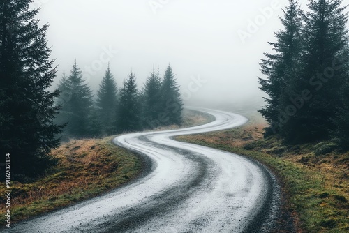 A winding road through a foggy forest landscape, surrounded by dark evergreen trees and a serene, muted atmosphere.