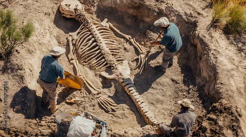 Dinosaur skeleton excavation at a site, with fossilized bones partially exposed against the earth. photo