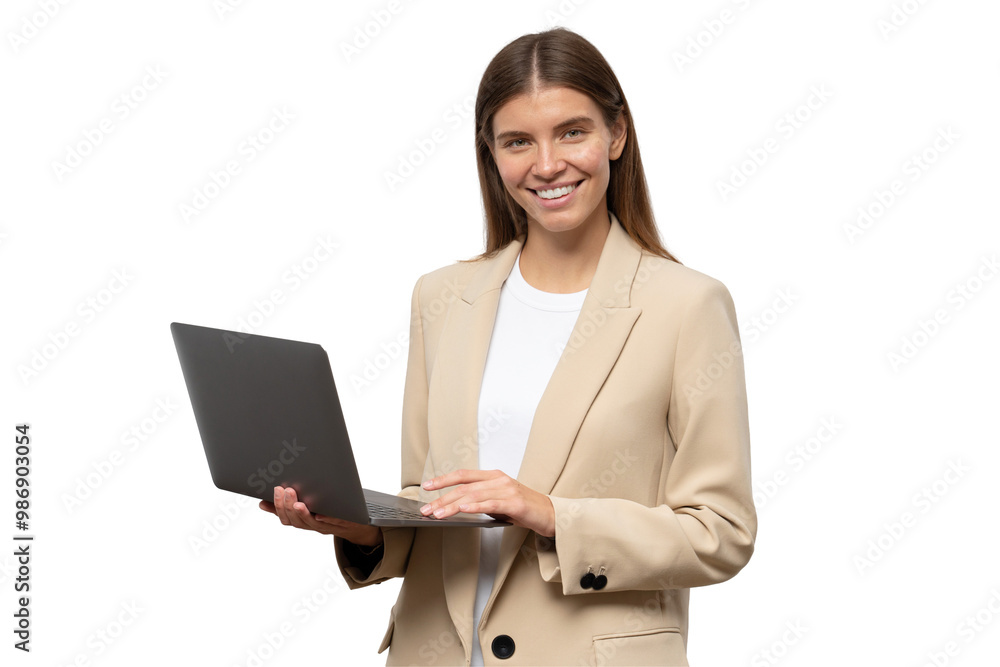 Portrait of successful businesswoman in business clothes using laptop Portrait of successful businesswoman in business clothes using laptop