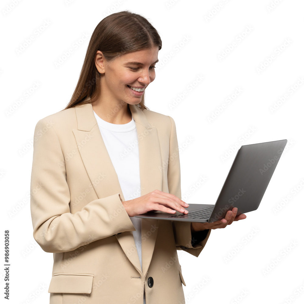 Portrait of woman office manager working on laptop online Portrait of woman office manager working on laptop online