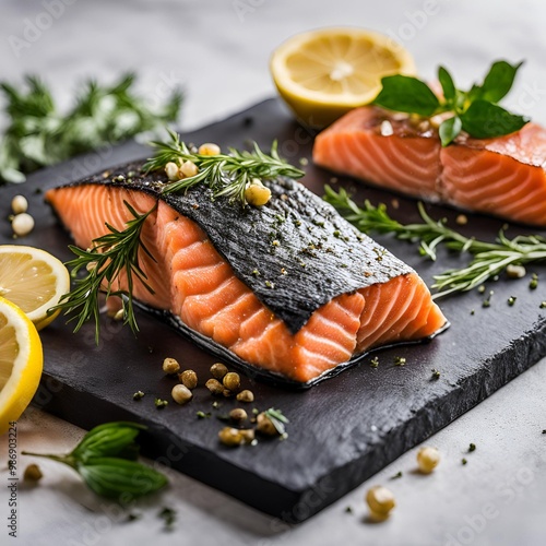 Luxury salmon filet on black stone plate with elegant presentation
 photo