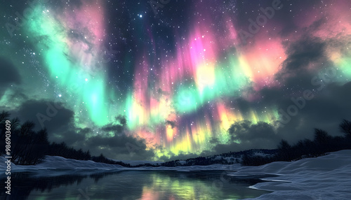 The Northern Lights illuminating the night sky with shades of green, pink, and purple over a snow-covered landscape