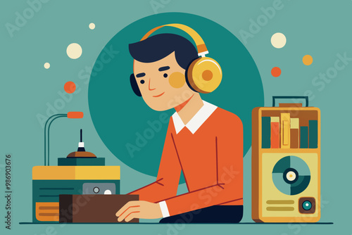 A boy listening to a music colorful vector illustration