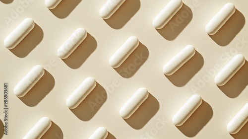 White pills arranged in a precise pattern on a beige backdrop, showcasing symmetry and design in pharmaceuticals.