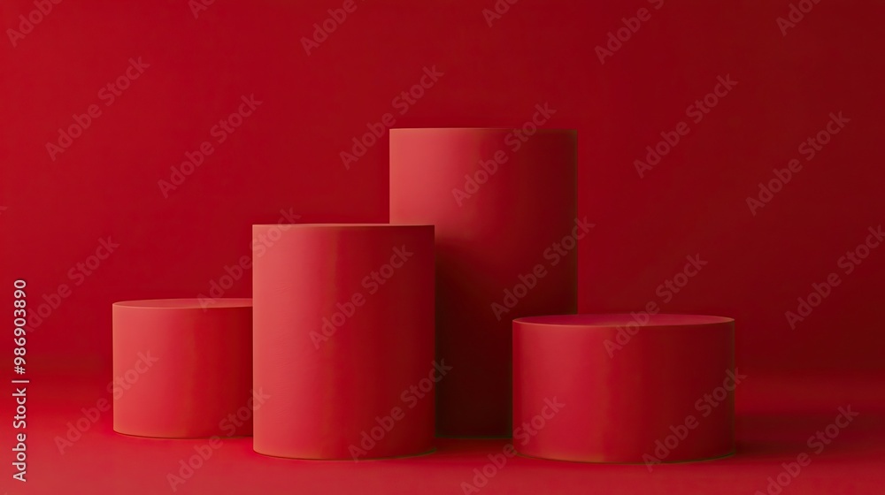 Four red cylindrical podiums on a red background, minimalist design for product display or presentation. Four red cylindrical podiums on a red background, minimalist design for product display or presentation.