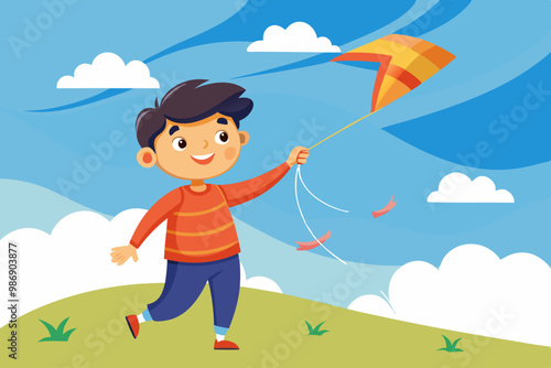 A boy flying a kite on a windy day with blue sky colorful vector illustration