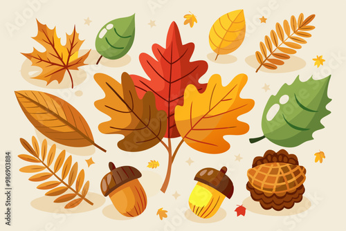 Autumn leaves with acorns and pine-cones colorful vector illustration